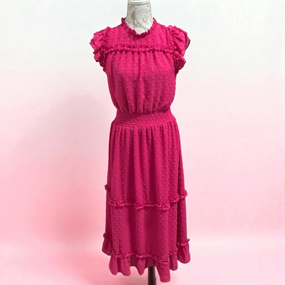 CeCe Women’s Pink Swiss Dot Ruffle Tiered Midi Dress Smocked Waist Size M